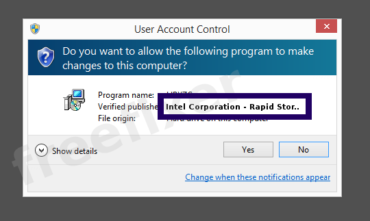 Screenshot where Intel Corporation - Rapid Storage Technology appears as the verified publisher in the UAC dialog